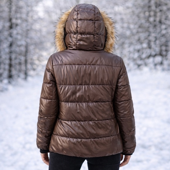 S13 New York Brown Down Puffer Jacket Faux Fur Hood XL NWT Cozy Winter Coat - Picture 14 of 14